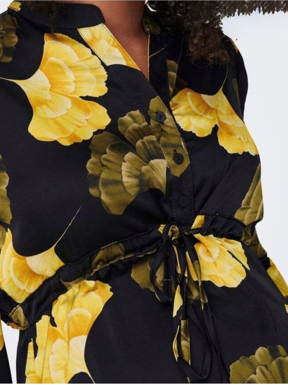 Only Black Long-Sleeve Midi Dress with Yellow Floral Print